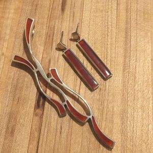 Stirling Silver Red Jade Pendant and Earrings